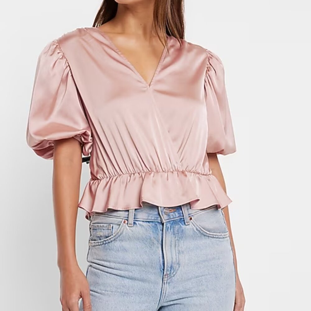 Express Pink Satin Wrap Bodysuit Blouse